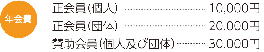 年会費 正会員(個人) 10,000円 正会員(団体)20,000円 賛助会員(個人及び団体) 30,000円